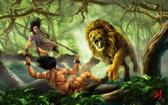 льв, охота, дикие, джунгли, лесбиянки, искусство, ножи,