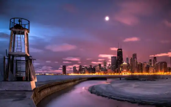 skyline, chicago, ночь