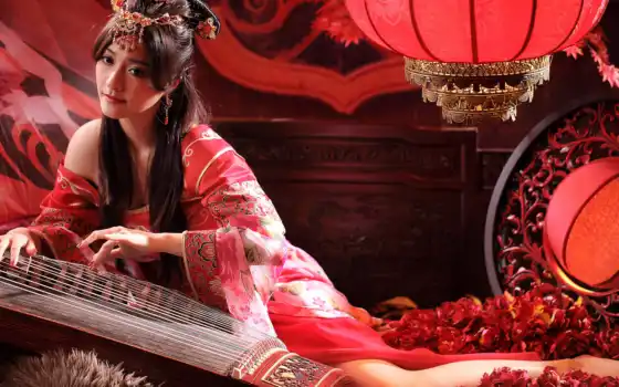 девушка, азиат, китаянка, фонарь, платье, прическа, музыкальный инструмент, ретро