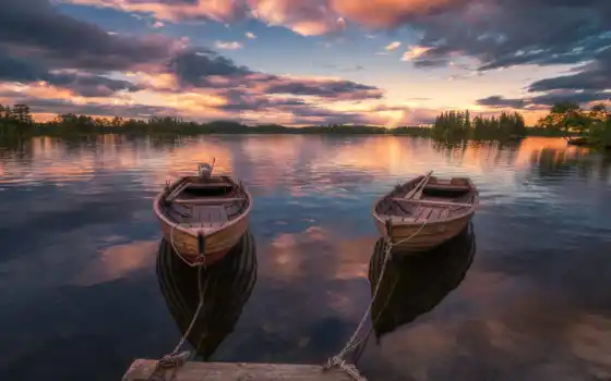 лодка, два, озеро