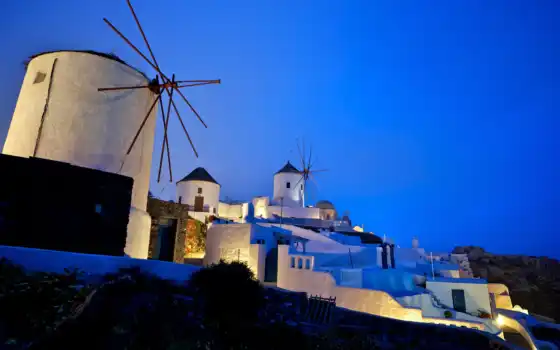 вечер, greece, красивые, trees, blue, greek, windmills, landscape, башня, 