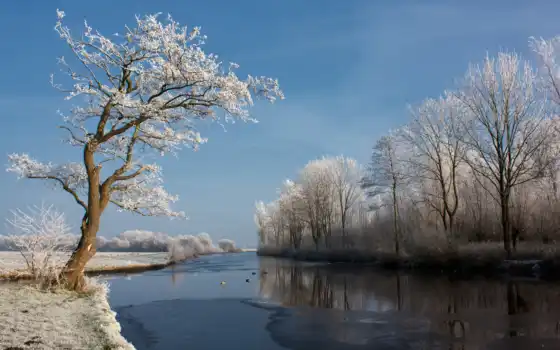 река, снег, зима,