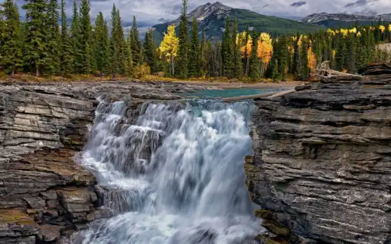 водопад, осень, гора, пасть, природа