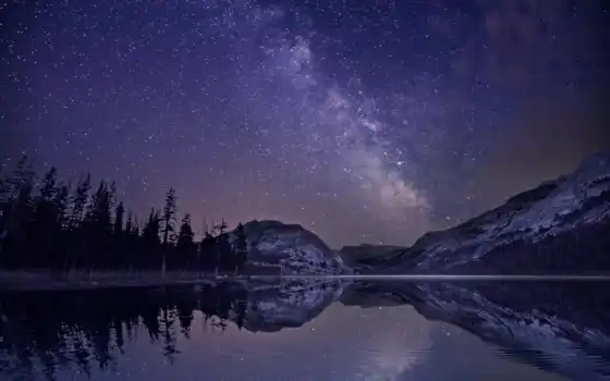 путь, млечный, ночь, горы, лес, озеро, звезды, отражение, 