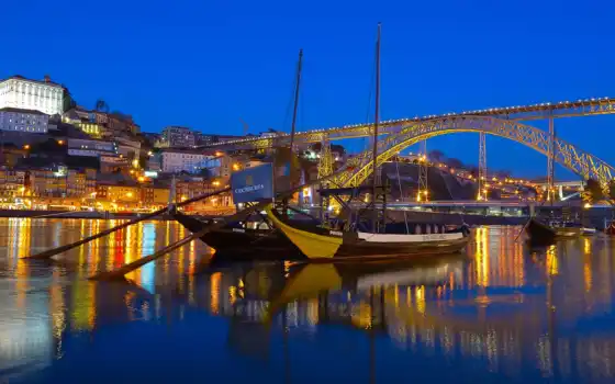 португалия, мост, porto, река, ночь, город, dom, огни, лодка