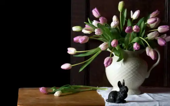 меза, ваза, тюльпан, шесть, розовый, оир, флора