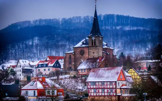 germanii, winter, thuringen, church, house