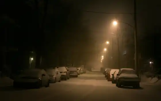 фонарь, улица, снег, зима, машины, 