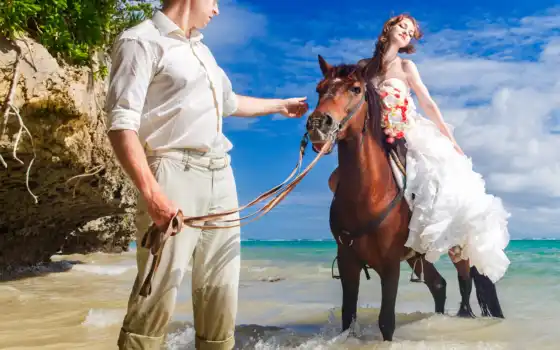 девушка, лошадь, парень, море, пляж, невеста, лошади, графики, всадник, 