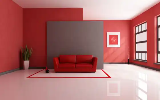 ,диван, красная комната, комната, белый пол,