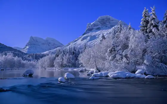 река, река, зима, горы, монастырская, норвежская, пейзаж,