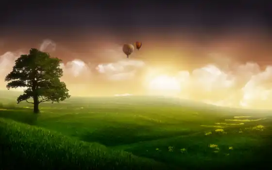 фантастика, туман, шары, небо, дерево, трава, пейзажи -, небе, 