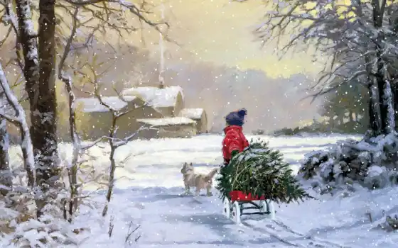 елка, christmas, ребенок, собака, зима, mac, картинка, 