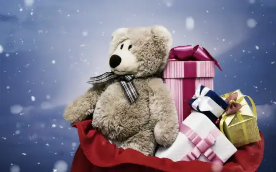 подарки, мишка, мешок, новый, год, новогодние, банты, снег, коробки, упаковки, праздник, картинка, 