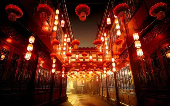 улица, china, красное, фонарик, город, свет, ночь, китаянка, освещение