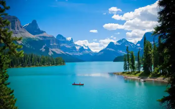 озеро, лес, горы, лодка, пейзаж, канада, деревья, картинка, фотографий, подборка, 