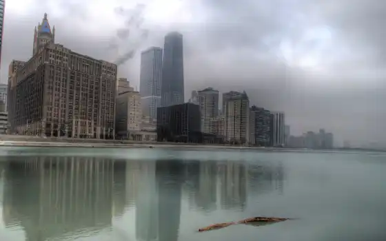туман, chicago, здания, города, озеро, usa, небоскребы, красивые, 