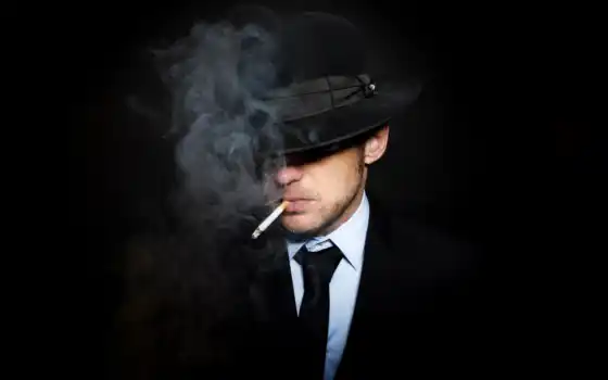 мужчина, шляпе, рту, костюме, сигаретой, галстуке, черном, мужчины, 