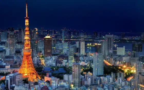 tokio, столица, небоскребы, мегаполис, ночь, огни, небо, japanese, blue, tokyo, 