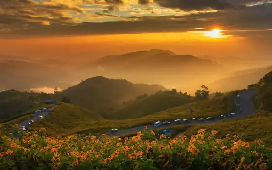 закат, гора, тайланд, природа, дорага, пейзаж, цветы, частное