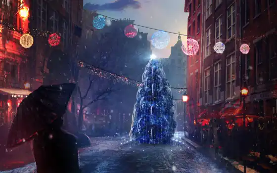 улица, праздник, город, новый год, новый, рождество, день, ночь