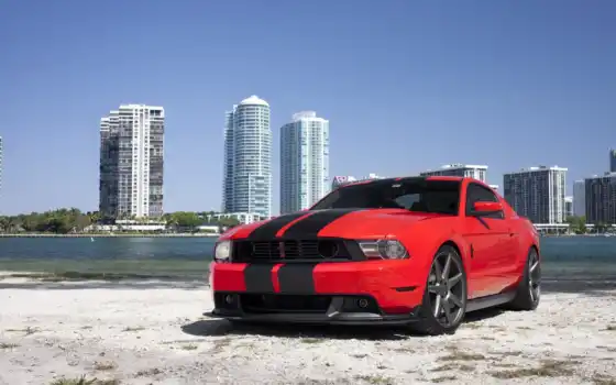 mustang, ford, red, miami, пляж,