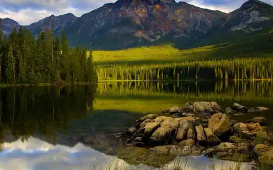 канада, пейзаж, озеро, горы, деревья, парк, горы, национальный лес, лес,