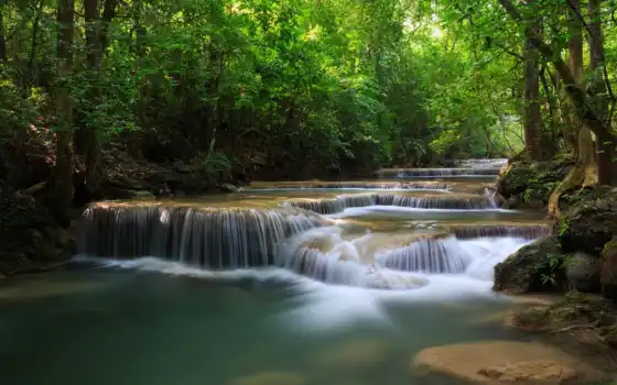 река, лес, деревья, зелень, водопады, таиланд, картинку, каскад, картинка, 
