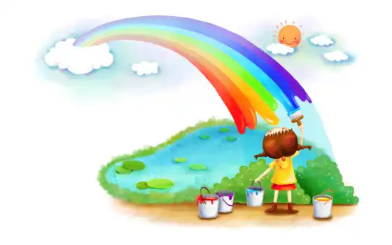 нарисованные, радуга, девочка, краски, пруд, солнце, небо, облака