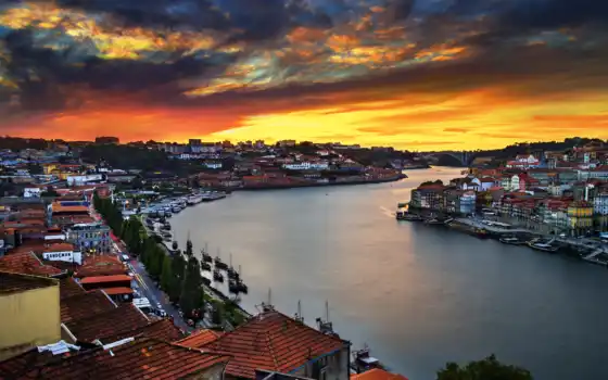 город, рассвет, закат, река, португалия
