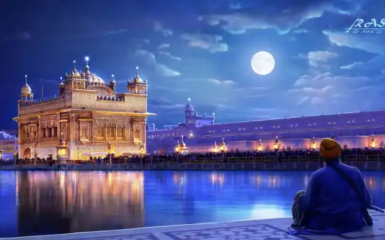 india, города, храм, ночь, дома, landscape, луна, страница, золотистый, punjab, 