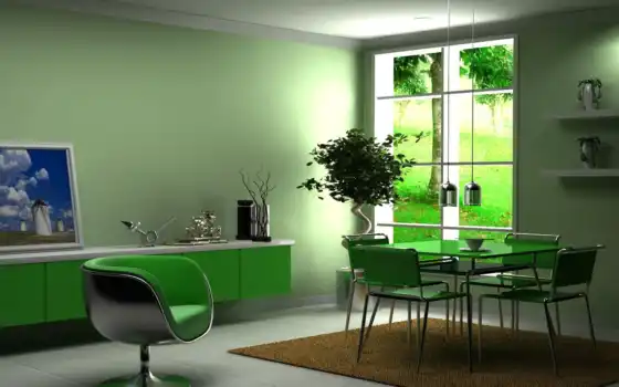 кухни, цвете, зеленом, интерьере, дизайн, кухня, 