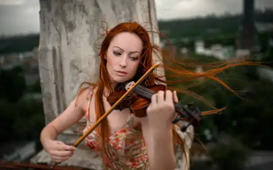 скрипка, собака, волосы, девушка