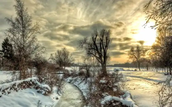 пейзаж, деревья, река, небо, природа, снег, облака, зима, картинка, 