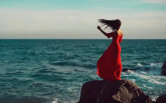 девушка, платье, красный, море