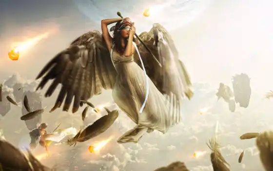 девушка, крылья, ангелы, девушки, меч, planet, небо, облака, маска, перья, 