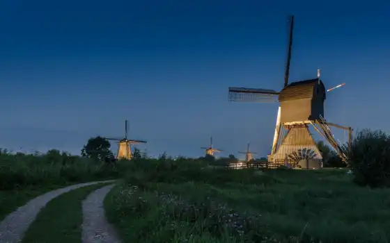 ветряк, нидерланды, дорога, флаг, река, трава