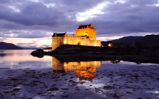 замок, шотландия, вода, пейзаж, зрелые, эйлан, мост, шотландия, ретро