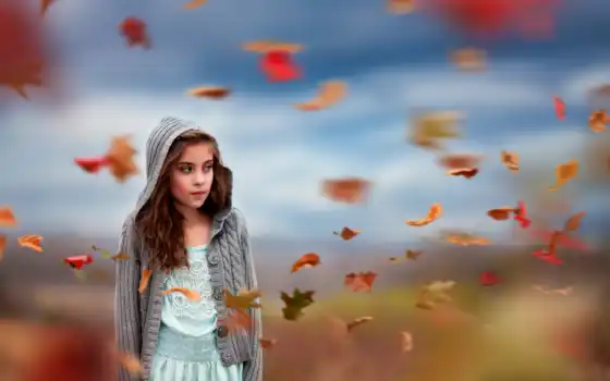 ветер, девушка, лист, осень