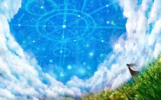 небо, трава, облака, аниме, арт, изображение, оригинальное, разум,