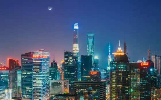 shanghai, world, financial, центр, город, башня, китаянка, ночь, горизонт, china