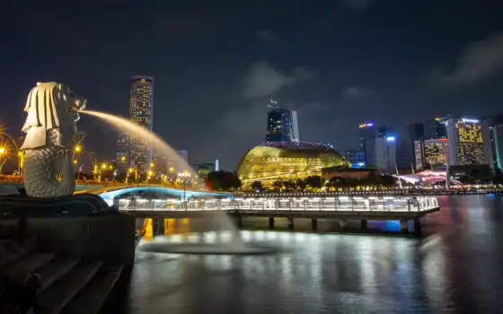парк, мерлион, сингапур, ночь, дом