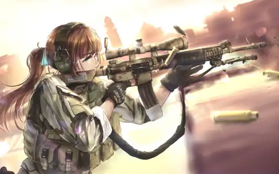 anim, девушка, anime, солдат, оружие, винтовка, permission, shooting