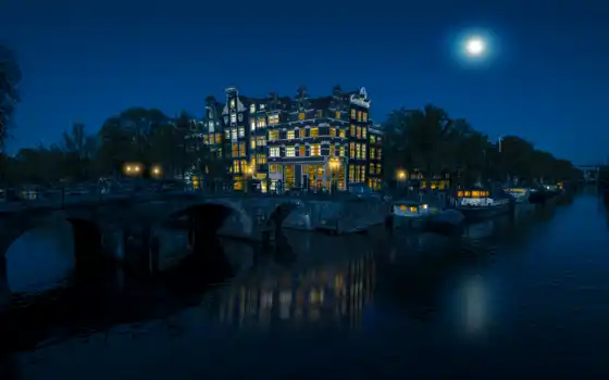 amsterdam, город, мост, moonlight