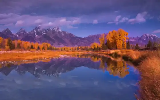 вода, озеро, осень, горы, деревья, место,