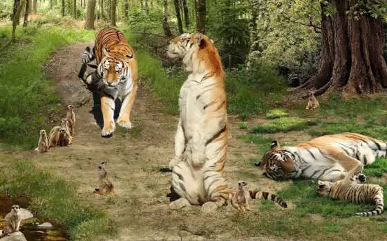 тигр, животное, друг, сурик, много, картинка