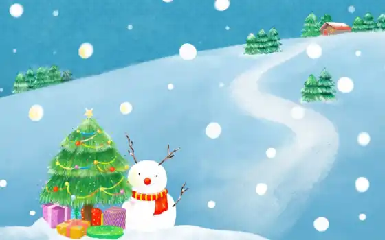 новый, год, снеговик, праздник, снег, зима, елка, рисунок, дорога, елочные, дом, ёль, украшения, шарф, подарки, 