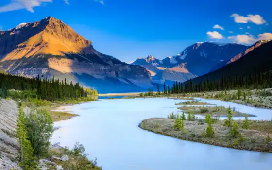 парк, национальный, jasper, канада, горный орех, река, альберта, канада, лес, снег