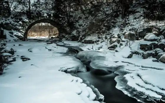 мост, речка, зима, 