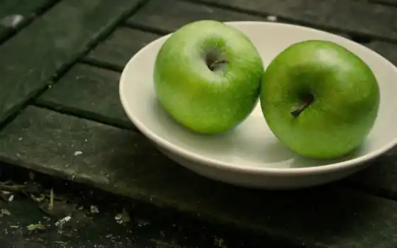 картинка, два, разных, табличка, яблоки, трио, зелёных, яблока, фрукты, доски, 